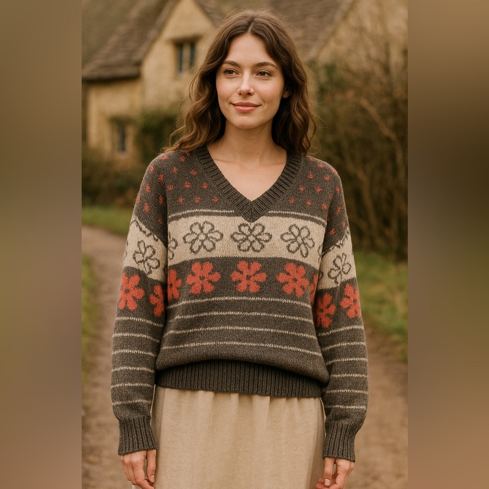 SO Goods for Life Floral Fair Isle Sweater Brown Pink V-Neck Cozy M